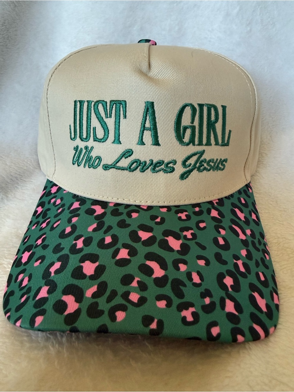 Zenana Outfitters Beige Front Trucker Hat with Green and Pink Leopard Brim